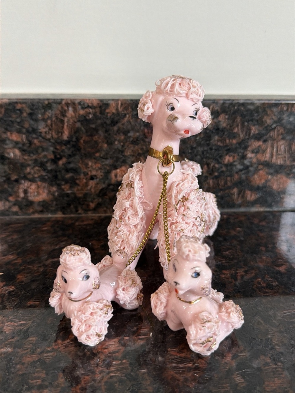 Vintage Pink Ceramic Poodle Trio Decorative Figurine